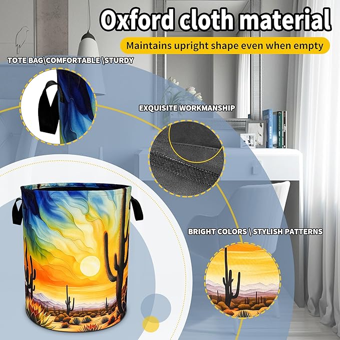 Desert Cactus Laundry Basket Sunset Foldable Oxford Cloth Funny Tote Bag Laundry Hamper Clothes Storage Bucket Toy Organizer For Bathroom/Laundry Storage/Bedroom 18.9x16.5 Inch