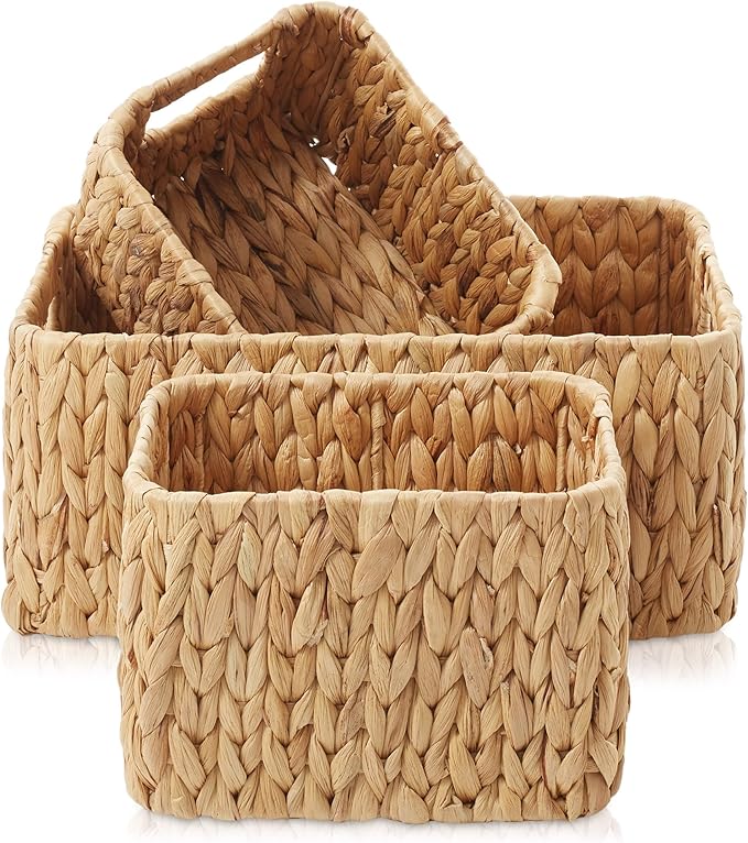 Casafield Set of 3 Water Hyacinth Storage Baskets for Shelves - 1-Large, 2-Small Woven Organizers with Handles for Bathroom, Laundry, Pantry, Office