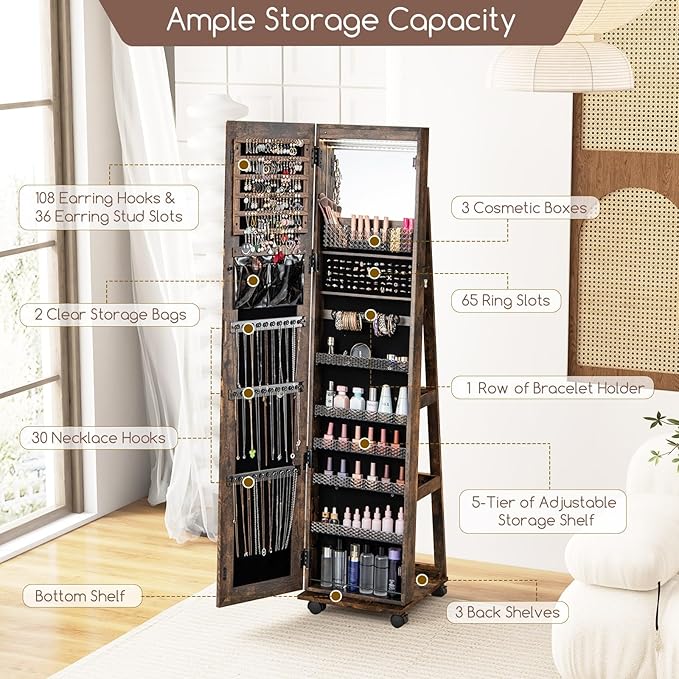 GOFLAME Jewelry Cabinet with Full Length Mirror, Lockable Jewelry Storage Organizer with Wheels, 3-Color LED Lights, Inner Mirror, Freestanding Jewelry Armoire with Rear Storage Shelves, Rustic Brown
