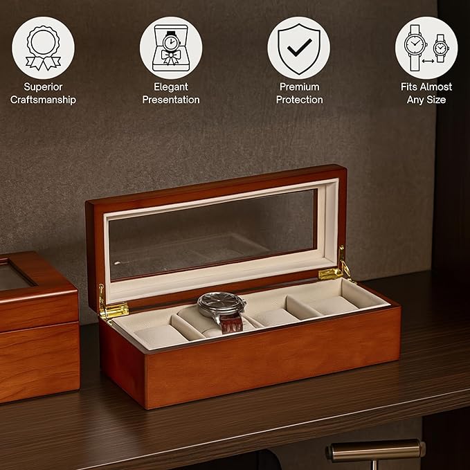 Bey-Berk Personalized Theo Cherry Wood 4-Slot Watch Box, Custom Glass-Top Solid Wood Watch Display Case with Velour-Lined Cushions, 11.25" x 4.5" x 3.25"