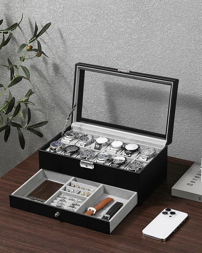 GUKA Watch Box 12 Slot Watch Display Organizer Leather Jewelry Case Drawer Glass Birthday for Men Women, Child Husband Dad