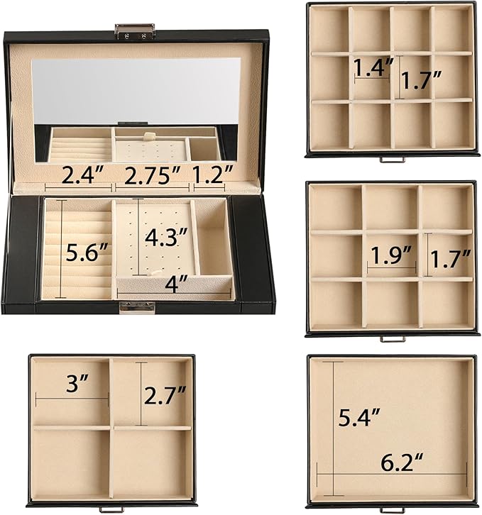 Frebeauty 5-layer Jewelry Box,Faux Leather Jewelry Organizer with 4 Drawers,Jewelry Organizers and Storage with Mirror,Jewelry Holder Organizer for Necklace,Jewerly Boxers for Women Girls(Black)