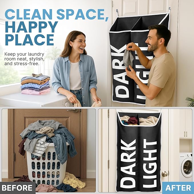Hanging Laundry Hamper Bag XL, Space Saving over the Door Storage Bags, Behind the Door Hampers for Dirty Clothes & Wall Mounted Basket for Bathroom (Black, Double Compartment)