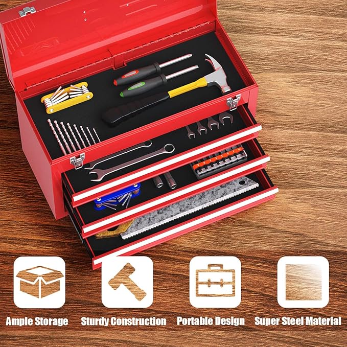 IRONMAX Portable Tool Box, 20.5’’ Lockable Steel Tool Chest Cabinet w/Comfortable Handle & 3 Drawers, Heavy Duty Storage Toolbox Tool Organizer for Garage, Warehouse, Home, Red