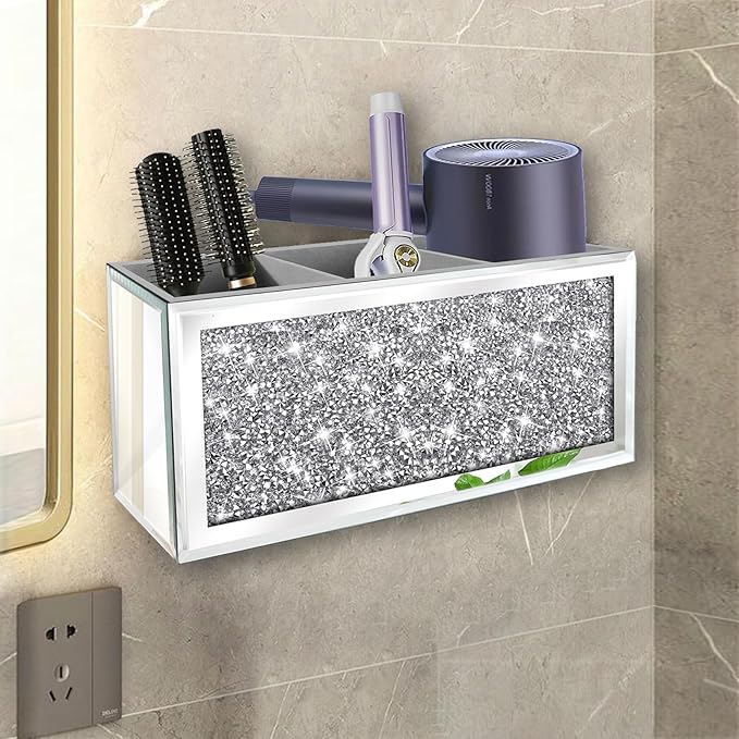 Mirror Hair Dryer Holder. Crystal Crush Diamond Hair Tool Organizer Wall Mount. Silver Bathroom Cabinet Tray for Blow Dryers, Hairdryer Straightener, Brushes and Combs.(10.5”x4”x5”)