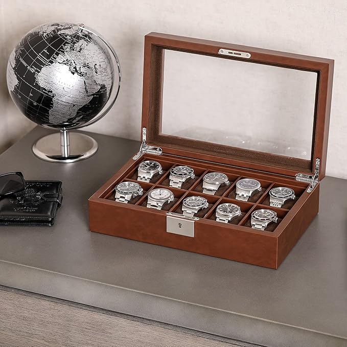 ROTHWELL 10 Slot Leather Watch Box - Luxury Case Display Jewelry Organizer - Locking Watch Display Case Holder with Large Glass Top - Box Organizer for Men and Women (Tan/Brown)