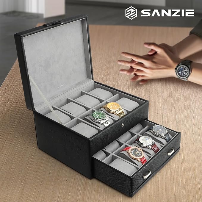 SANZIE 16-Slot Watch Box for Mens Watch Case with Removable Watch Pillows, Watch Holder Organizer Watch Storage with Grey Lining & Black Synthetic Leather (Black)