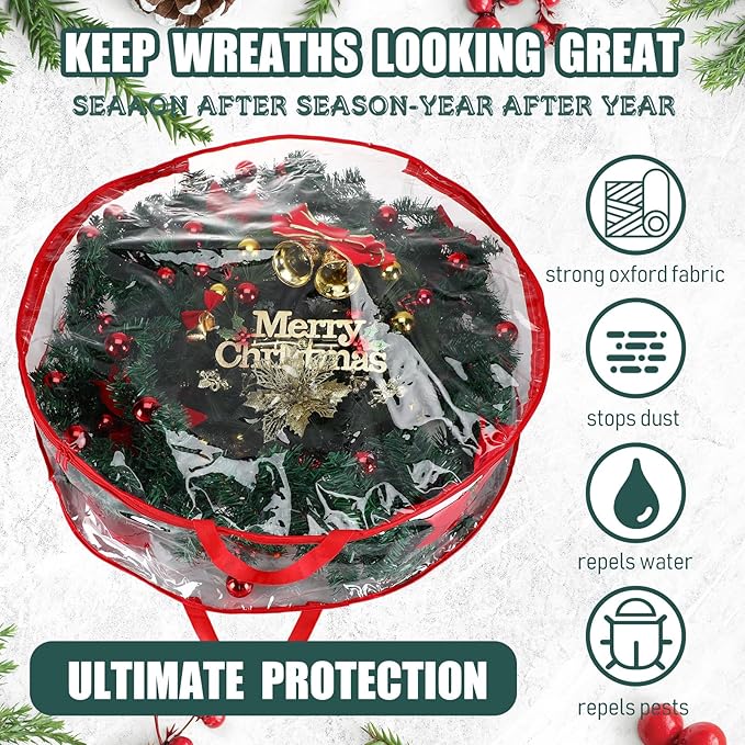 Shappy 4 Pcs 36 Inch Christmas Wreath Storage Container Clear Wreath Storage Bags PVC Waterproof Garland Bags with Clear Window Dual Zippers and Handles for Xmas Holiday Artificial Garland (Red)