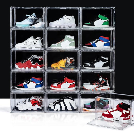 12 Pack Shoe Boxes, Acrylic Clear Shoe Boxes,360°Clear Plastic Stackable Shoe Display Box, Larger Shoe Storage Boxes, Shoe Containers, fit up to Us size 14 (Side Open)