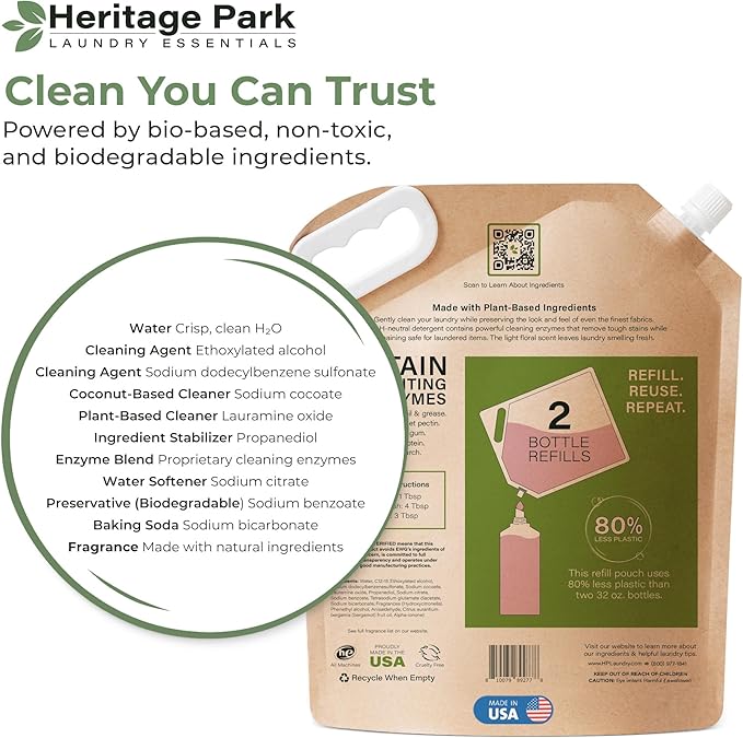 Heritage Park Luxury Laundry Detergent | Dermatologist Tested Plant based Natural & Enzyme Laundry Detergent | Sensitive Skin Friendly - Spring Magnolia (64 fl oz Refill)