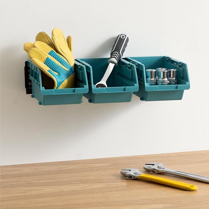 Navaris Storage Bins - Interlocking Plastic Van Boxes - Wall Mounted Compartments for Screws Nails Small Tool Parts - Workshop, Garage, Drawer Shed Bolt Organizer - 3 Bins & 1 Rail