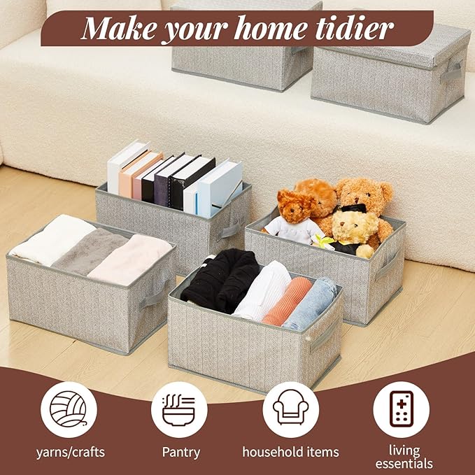 LemonRoad 6 Pack 14'' x 10'' x 8'' Collapsible Storage Bins with Removable Lids, Fabric Closet Organizers with Handles, Foldable Memory Boxes for Organizing Shelves Nursery Bedroom, Home Closet, Gray