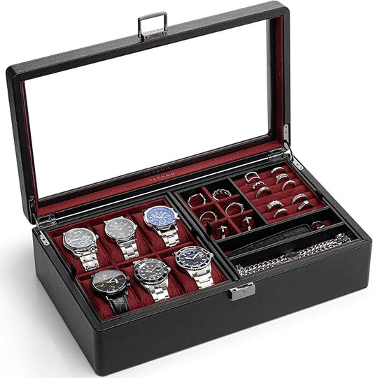 Vlando 6-Slot Watch Box Organize, Lockable Watch Case with Textured Leather, 2 Layer Watch Holder for Rings, Bracelets, Glasses, Glass Lid, Removable Divider, Gift for Fathers, Husband, Friend, Red