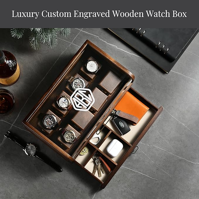Personalized 8 Slot Wooden Watch Box with Acrylic Lid & Drawer – Engraved Men’s Watch Organizer, Detachable Stands – Luxury Gift for Watch Collector, Groomsmen, Anniversary, Father’s Day