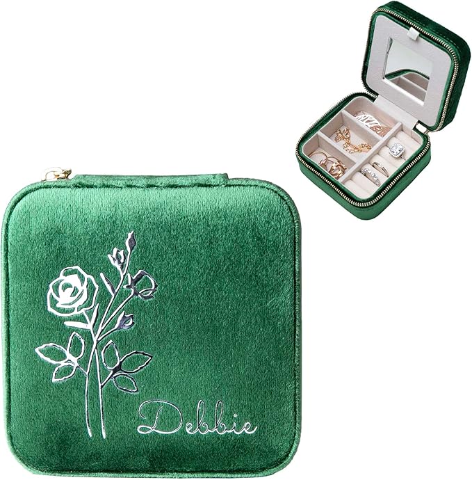 Customizable Compact Velvet Jewelry Box with Mirror, Travel Jewelry Case, Travel Jewelry Organizer, Jewelry Box for Women and Girls, Small Jewelry Organizer (Flower Design, Emerald Green)