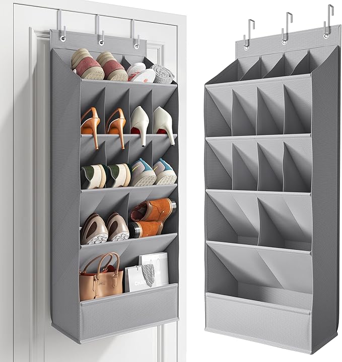 Over the Door Shoe Rack with Large Deep Pockets, Door Shoes Organizer for Closet, Hanging Boots Shoe Rack, Behind the Door Narrow Shoe Holder, Multiple Pockets for Flexible Storage, Grey ﻿