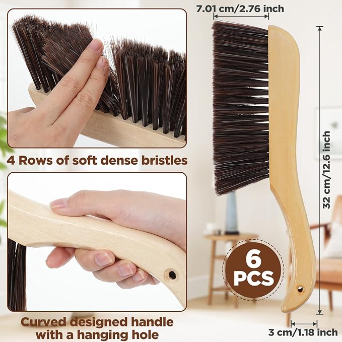 6 Pieces Wooden Hand Broom, Soft Bristle Dust Brush with Long Wood Handle, Cleaning Brush for Furniture, Car, Sofa, Bed, Fireplace, Bench, Counter, Clothes, Household Cleaning, Brown