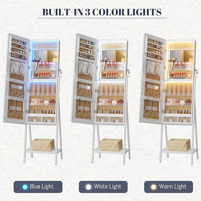 LVSOMT LED Mirror Jewelry Cabinet, Large Jewelry Armoire Cabinet Standing, Lockable Full Length Mirror with Jewelry Storage, Space-Saving Jewelry Organizer Mirror, 14 RGB Lights, White