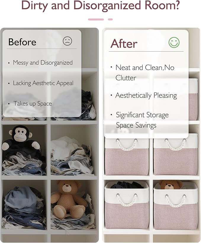 11 Inch Storage Cubes 6-Pack, Foldable Fabric Organizer Bins with Rope Handles, Cube Storage Baskets for Closet Shelves and Home Organization(White/Pink)