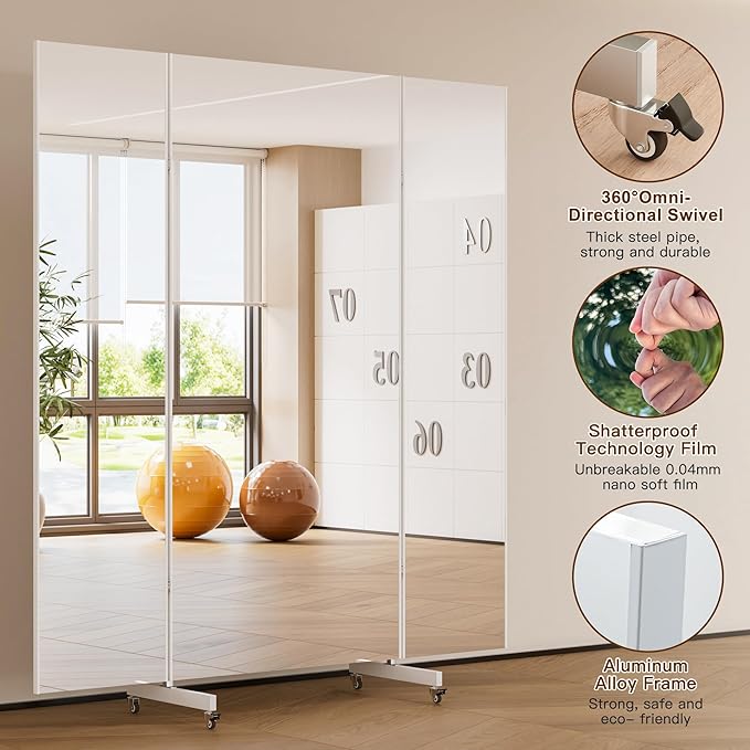 brisafe 71 W "x 67 L " Folding Mirror with Wheels, 3-Panel Full Length Wall Mirror, Space-Saving Design, Shatterproof Nano Material, Portable Floor Mirror for Gym, Dance Studio, Home, Commercial Use.