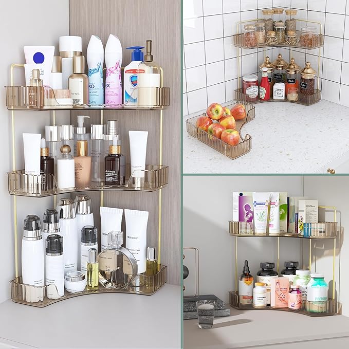 Webetop Countertop Bathroom Organizer 3 Tier Corner Organizer for Bathroom Counter Storage Makeup Organizer Shelf for Skincare, Cosmetic, Dresser, Toiletries Amber