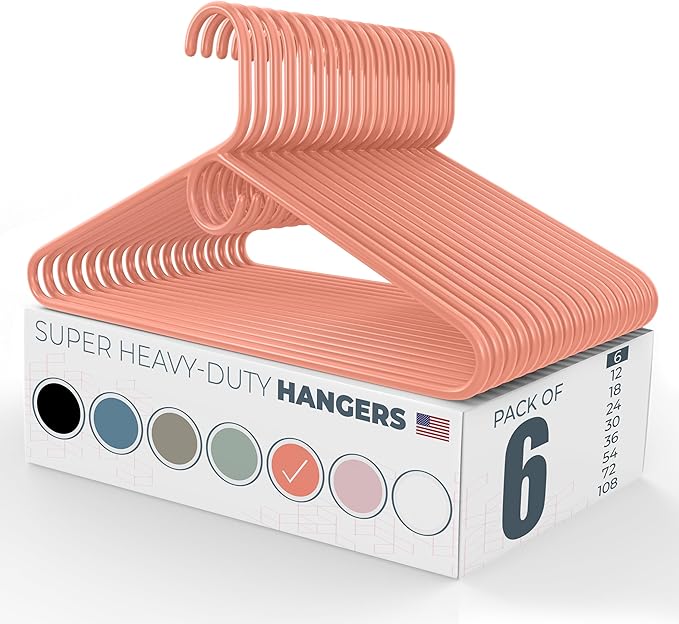 Neaties Super Heavy Duty Clothes Hangers 6 Pack – Made in The USA - 10lb Capacity, Thick Plastic Hangers for Pants, Coats, Jackets, Jeans and Adult Clothing – Peach
