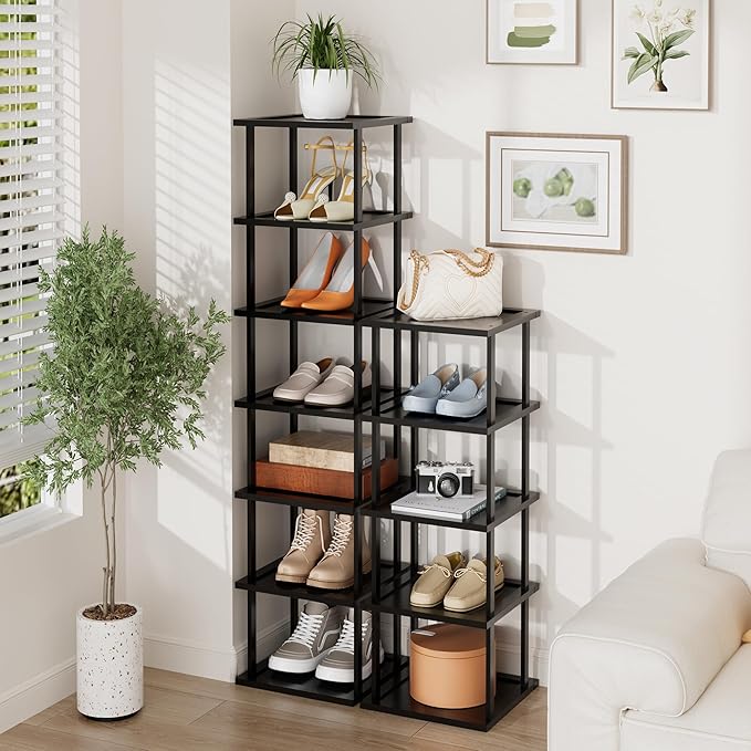 Vertical Tall Shoe Rack Organizer for Entryway -12 Tier Free Standing Slim Narrow Bamboo Wood Corner Stackable Shoe Boots Storage Stand Small Spaces for Closet Garage Cloakroom Living Room (Black)