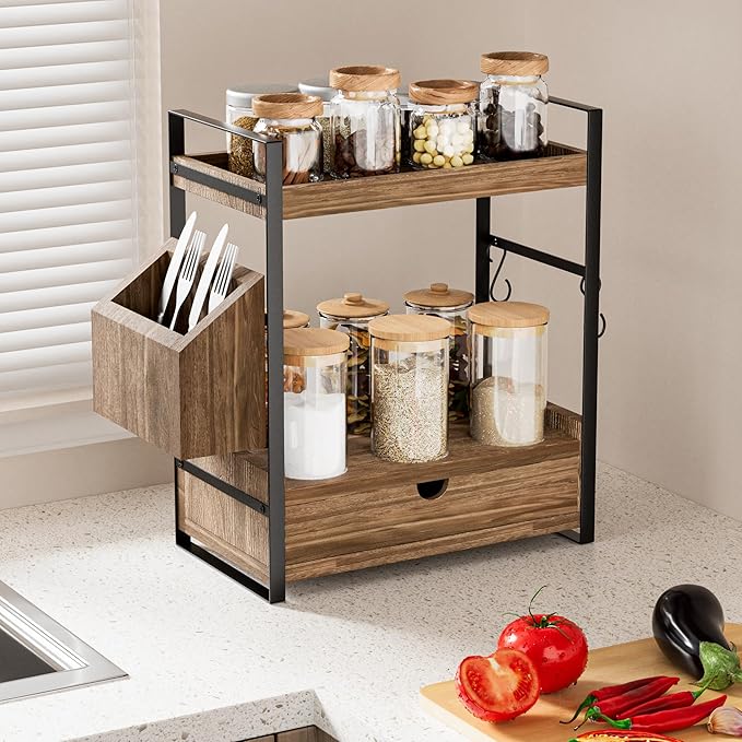 2-Tier Bathroom Counter Organizer with Drawer and Basket, Wood Countertop Organizer for Storage, Skincare Organizers for Vanity, Counter Shelf for Bathroom Organization(Dark Brown)