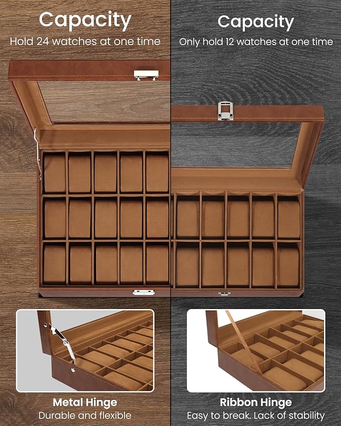 Uten 24-Slot Watch Box, PU Leather Watch Case with Glass Lid, Watch Holder Organizer with Soft Pillow and Velvet Lining, Watch and Jewelry Storage Box, Brown