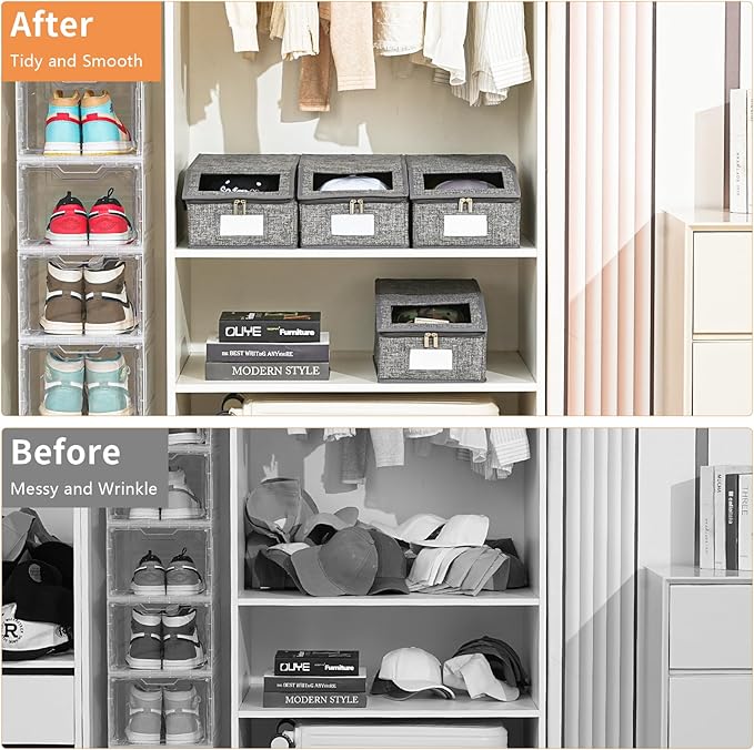2 Pack Grey Hat Organizer for Baseball Cap, Hat Storage for Closet with Clear Window, Breathable Fabric Hat Box for Snacks, Toys, Socks, Stackable Hat Storage Organizer for Men/Women