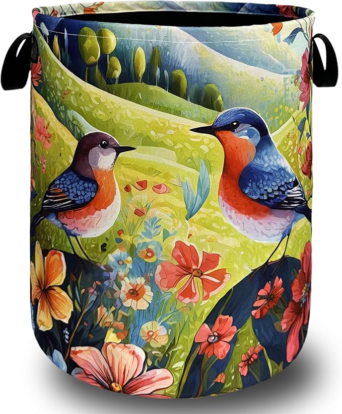 Birds With Flowers Laundry Hamper Foldable With Handles Bird Tote Bag Universal Oxford Cloth Colorful Laundry Basket Clothes Toy Storage Bucket 18.9"x16.5 "For Bathroom/Laundry/Bedroom