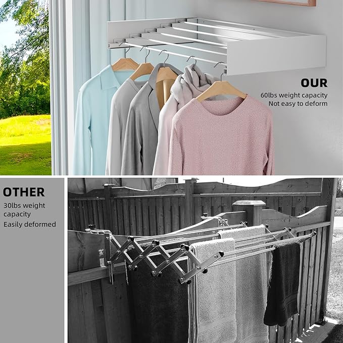 Laundry Drying Rack Collapsible, Wall Mounted, Clothes Drying Rack, 40" Wide, 16.5 Linear Ft, 5 Aluminum Rods, 60 lb Capacity, Laundry Racks for Drying Clothes with Wall Template(White 40" Large)