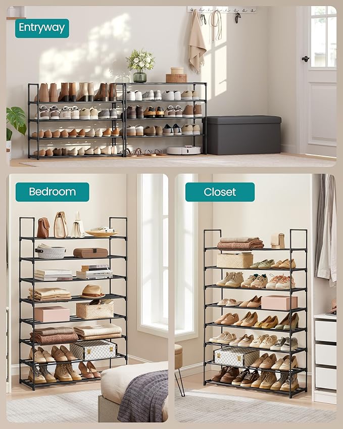 SONGMICS Shoe Rack, 8-Tier Shoe Organizer, Metal Storage Shelf, Upright or Upside Down, for 32-40 Pairs, Stackable, for Entryway, 11.8 x 36.2 x 56.5 Inches, Black ULSA308BH01
