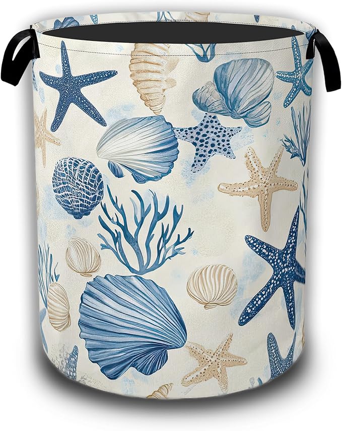 Coastal Beach Laundry Basket,Shell Starfish Coral Laundry Hamper Waterproof Oxford Cloth Tote Collapsible,Clothes Storage Bucket Decorative Toy Organizer For Bathroom Bedroom 16" x 20.8"