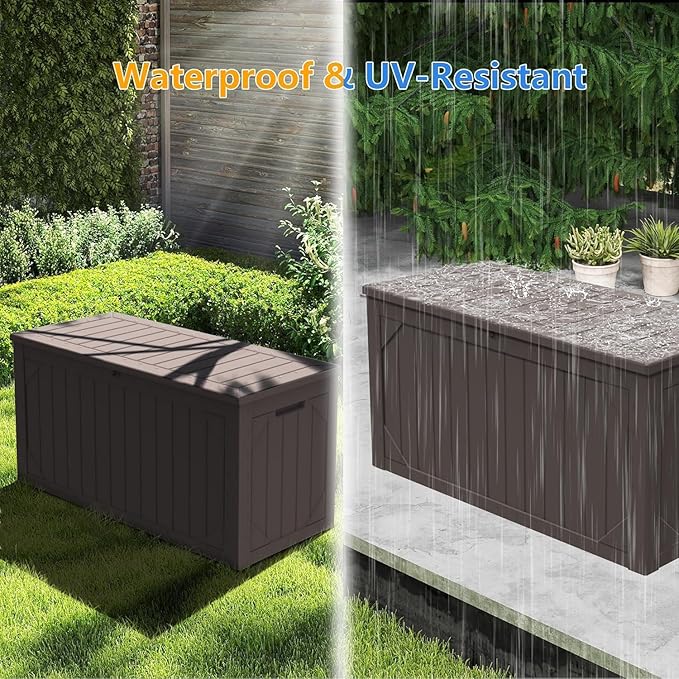 110 Gallon Resin Deck Box Waterproof Outdoor Storage Box for Patio Furniture Pool Accessories Indoor Storage for Cushion Garden Tools, Brown