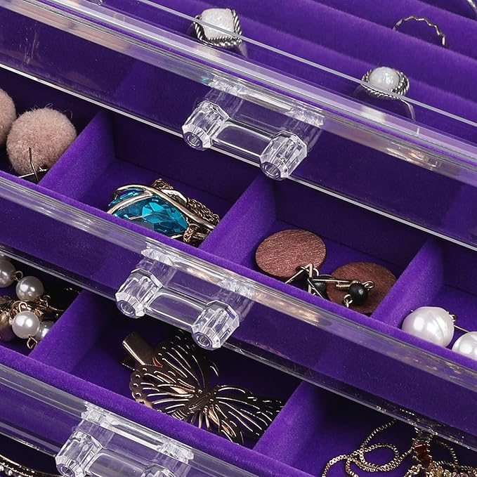 Frebeauty Extra Large Acrylic Jewelry Box for Women 5 Layers Clear Jewelry Organizer Velvet Earring Box with 5 Drawers Rings Display Case Necklaces Holder Tray for Women Girls(Purple)
