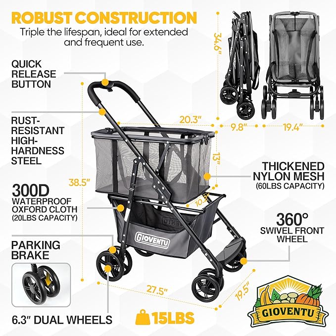 𝐍𝐞𝐰𝐥𝐲 𝐔𝐩𝐠𝐫𝐚𝐝𝐞𝐝 Folding Shopping Cart, 80lbs Collapsible Grocery cart with Removable Basket and 360° Swivel Wheels, Single-hand Fold, Portable Personal Stroller Shopping Cart for Groceries