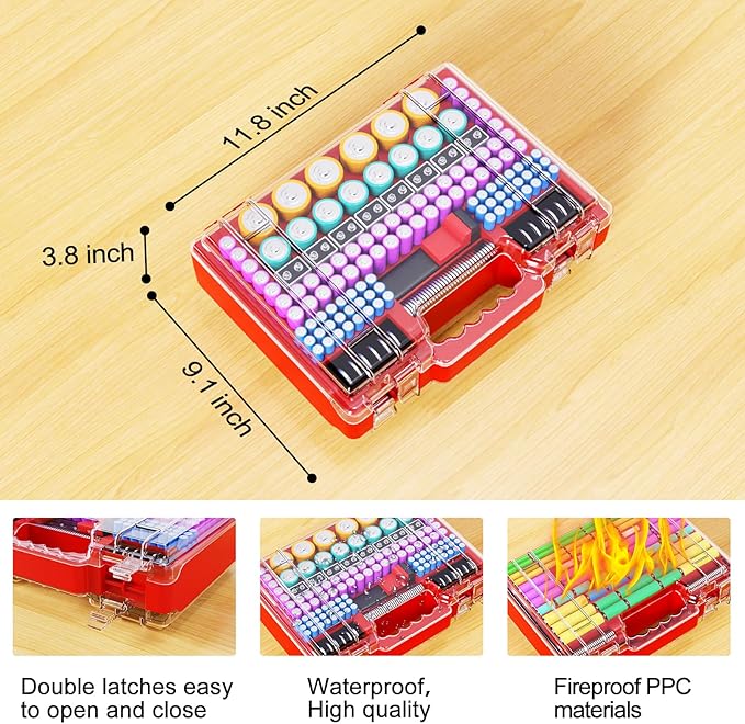 Battery Organizer Storage Case with Tester, Ultra-Large 265+ Double-Sided Batteries Container with Handle, Holds AA AAA 4A 23A C D Cell 3V 9V Lithium CR3 4LR44 CR123A 18650 (Red)