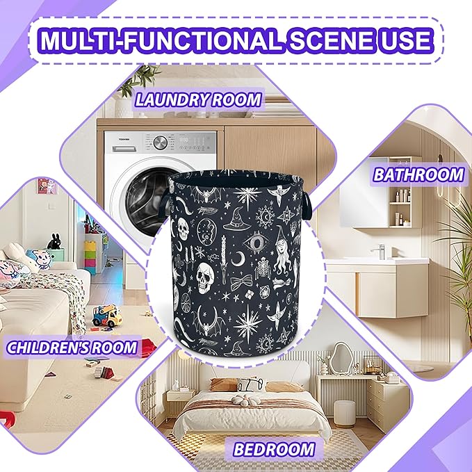 Witch Gothic Laundry Basket Skull Magic Oxford Cloth Laundry Hamper Funny With Handle Foldable Portable Clothes Storage Basket 18.9 X 16.5 In Storage Bag For Laundry Room/Bathroom/Bedroom/Dormitories