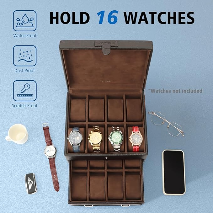 SANZIE 16-Slot Watch Box for Mens Watch Case with Removable Watch Pillows, Watch Holder Organizer Watch Storage with Brown Synthetic Leather (Brown)