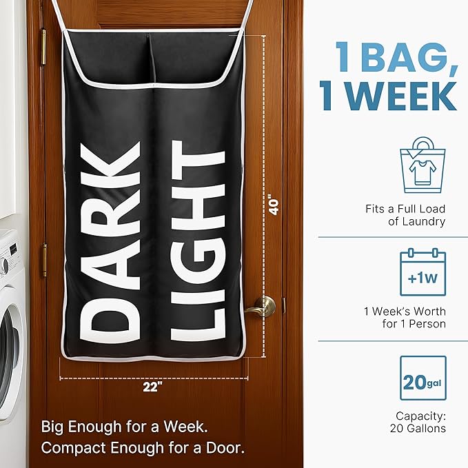Hanging Laundry Hamper Bag XL, Space Saving over the Door Storage Bags, Behind the Door Hampers for Dirty Clothes & Wall Mounted Basket for Bathroom (Black, Double Compartment)