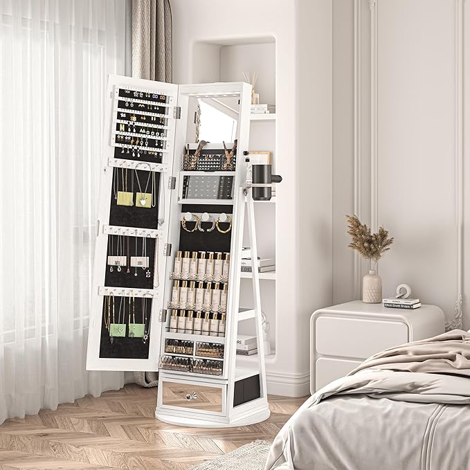 360° Swivel LED Mirror Jewelry Cabinet Standing, Full Length Mirror Jewelry Armoire with Drawer, Standing Jewelry Organizer, Foldable Makeup Shelf, White