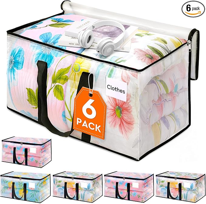 HomeHacks Clear Moving Bags Heavy Duty 6 Pack, Storage Bags with Zipper, Extra Thick Handles & Waterproof Packing Boxes for Moving, Camping, Home Organization 125L/33Gal (28.7"x16.5"x16.1")
