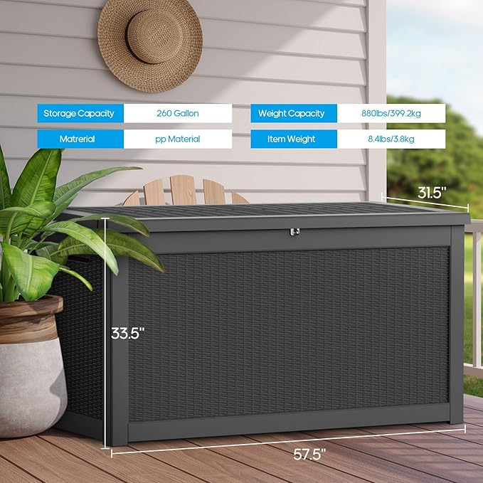 Extra-Large 320 Gallon Outdoor Storage Bin - Waterproof Resin Deck Box, Patio & Garden, Lockable Outdoor Deck Box for Cushions & Tools, UV-Resistant, Jet Black