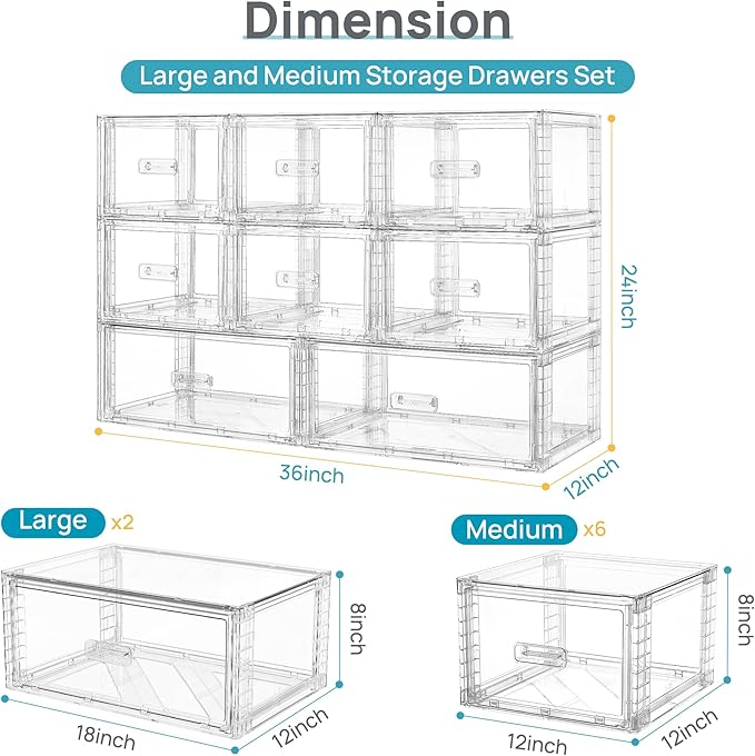 Vtopmart 8 Pack Large & Medium Stackable Drawer Organizer Set, 162QT Easy Assembly Clear Plastic Storage Cabinet, Durable Dresser for Closet, Bedroom, Entryway, Playroom & Apartment Organization
