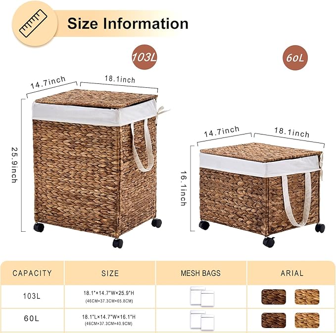 Laundry Hamper with Lid, Large Capacity Woven Natural Water Hyacinth Laundry Sorter with Removable Liners, Rolling or Non-Slip Design for Bedroom (Espresso, 100L)