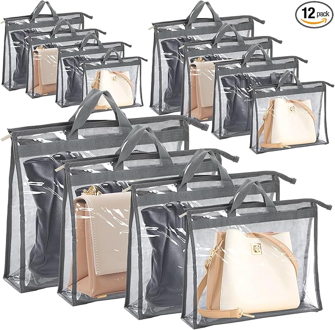 12 Pack Dust Bags for Handbags, Clear Handbag Storage Organizer for Closet, Purse Protector Storage Bag with Zipper and Handle, Hanging Dust Cover Bag for Handbags