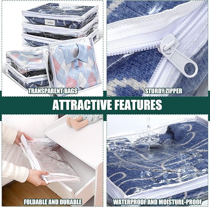 Hoolerry 12 Pcs Clear Zippered Storage Bags Pvc Sweater Sheet Organizer Plastic Sheet Storage Sweater Bags With Zipper And Label Pocket Container For Clothes Closet Linen Pillow(16 x 14 x 4 Inch)