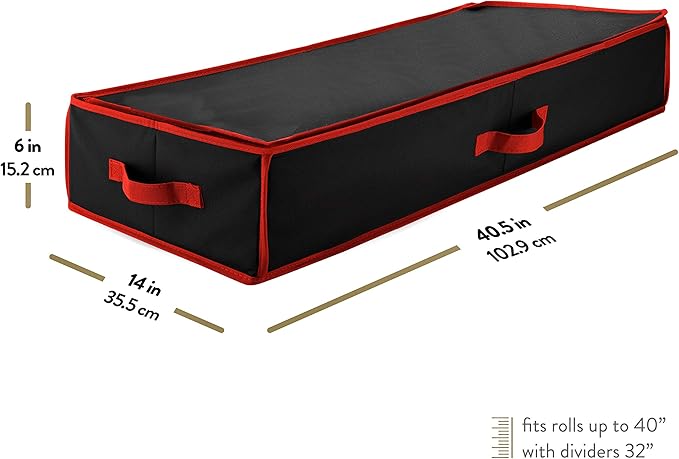 ZOBER Gift Wrapping Paper Organizer Storage - 40" Gift Wrap Storage Containers with Interior Pockets for Bows, Tags & Ribbons - Wrapping Paper Holder, 600D Oxford, Fits 24 Standard Rolls, Black/Red
