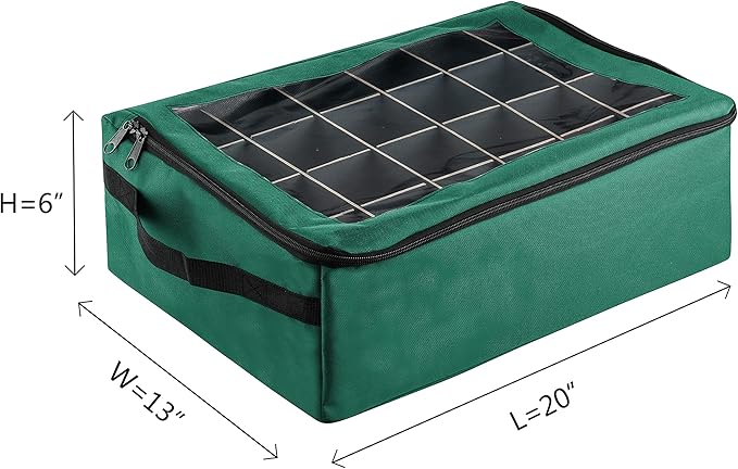 Ornament Storage Box - Zippered Organizer with 48 Individual Compartments and Dividers for Christmas Bulbs and Decorations by Tiny Tim Totes (Green)
